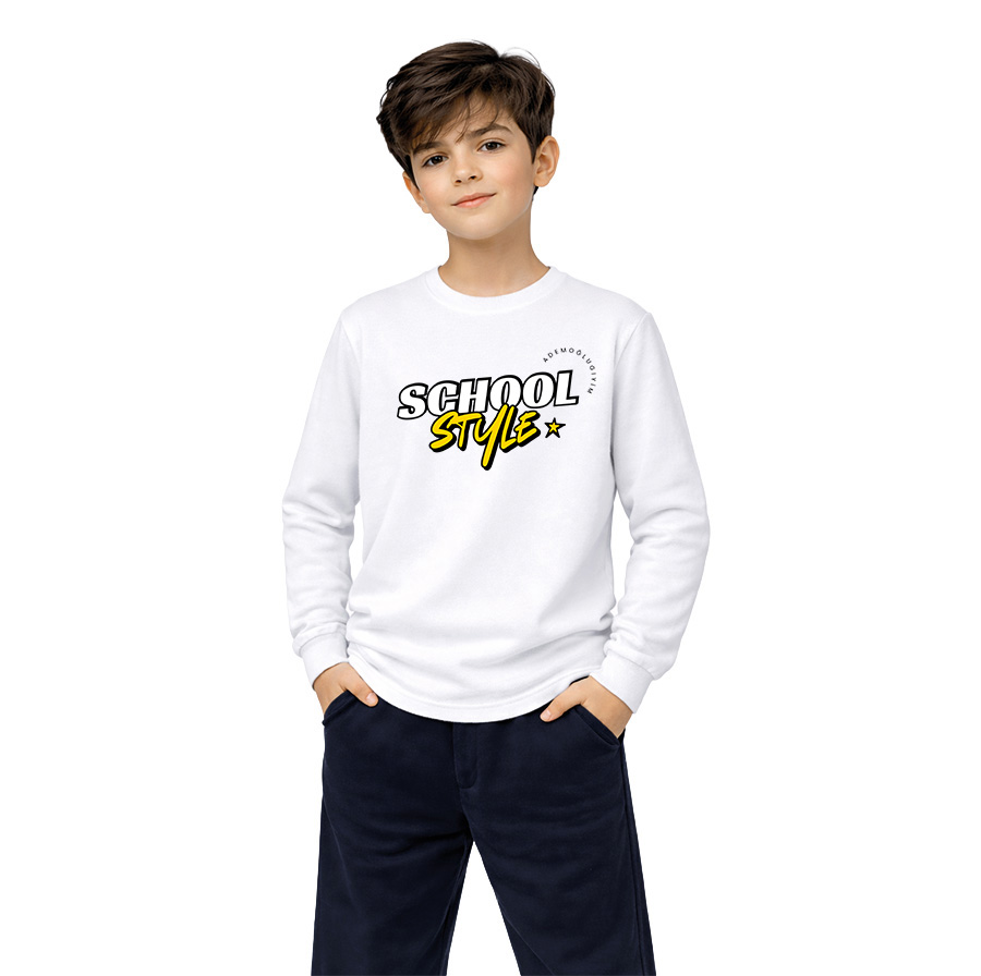 Bisiklet Yaka  Uzun Kollu Pamuklu Okul Tshirt